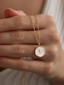 1 chiếc mặt dây chuyền hình chữ thập lục giác tối giản bằng men sứ dành cho nữ - Vàng - Xem 2