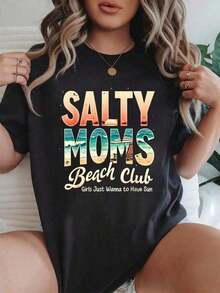 Women's Salty Moms Beach Club Retro Coastal Summer Vibes 100% Cotton Graphic Print T-Shirt, Short Sleeve Casual Summer Top - 黑色 - 查看 7