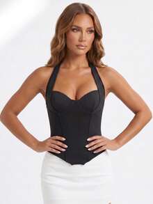 Women's Halter Corset Tops Sleeveless Open Back Solid Color Slim Fit Tank Tops Summer Bustier - Black - View 4