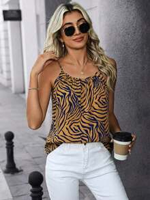 Camiseta de tirantes con pliegues con estampado de cebra para mujer - Amarillo - Ver 5