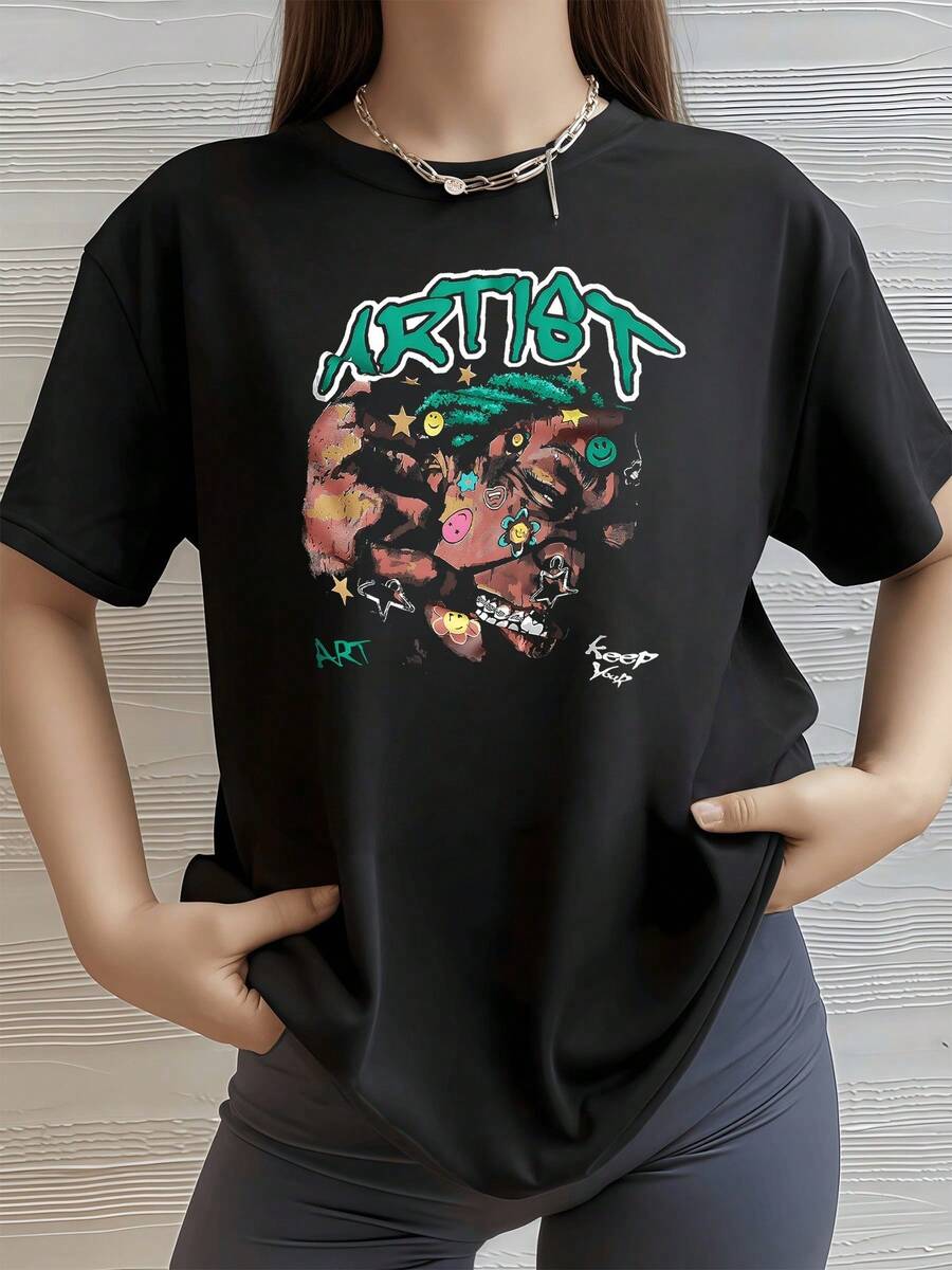 An Artistic Face Formed By Vibrant Colors, Stars, And Smiling Symbols That Convey Energy, Creativity, And Freedom, Inspiring The Wearer To Show Their Bold Spirit. A Comfortable And Modern Urban Women's T-Shirt For Everyday Wear. - 黑色 - 查看 1