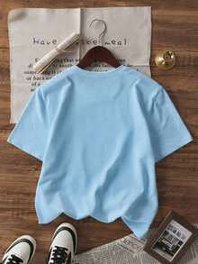 1 pieza Camiseta de mujer de manga corta y cuello redondo para verano, con estampado de letras en inglés "Cat Napping", adecuada para verano, playa, calle, diario, trabajo, fiesta de oficina, salida, carnaval, festival de música, San Valentín, fiesta.Hermosa blusa de estilo Y2K para mujer, atuendo de vacaciones para mujer.Ropa de oficina elegante, blusa linda, atuendo de vacaciones para mujer, vestido para cita nocturna, blusa elegante para mujer, ropa casual de verano, atuendo de vacaciones para mujer. - azul claro - Ver 5
