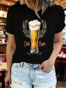 Soft Soft Summer Short Sleeve T-Shirt For Women With Beer Mug Print, Fashionable And Casual, Machine Washable, Comfortable Fit, 2D Flat Print, Blouses For Women. - 黑色 - 查看 1
