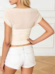 Women's Y2k Off The Shoulder Sheer Mesh Tops See Through Solid Color Short Sleeve Ruched Slim Fit Crop Tops Going Out Streetwear - Ivory - View 10