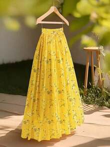 Falda acampanada con estampado floral pequeño en amarillo, falda elegante de vacaciones para mujeres - Amarillo - Ver 1