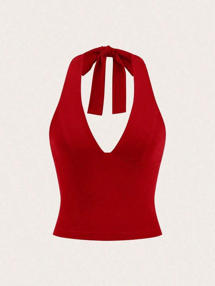Top de tirantes de cuello halter sin espalda con cuello en V de color liso, uso casual diario - Rojo 2 - Ver 1