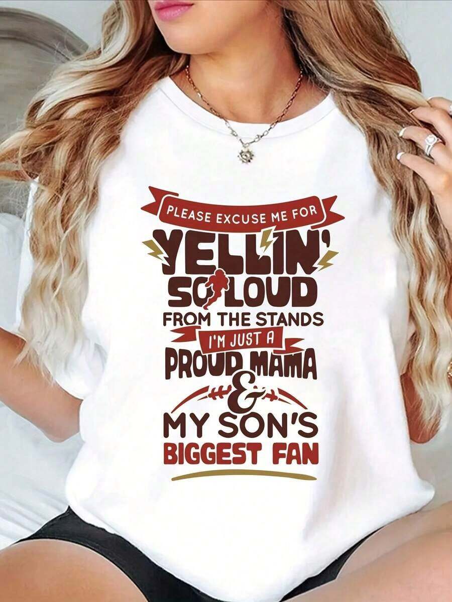 100% Cotton Women's Patterned T-Shirt, Casual "Proud Mom" Print T-Shirt - Soft Crew Neck, Short Sleeves, Comfortable All-Season Wear, Soccer Theme Design, Machine Washable, All-Season Garment | Soccer Theme Clothing | Women's T-Shirt, Comfortable Fit, Pure Cotton Material, Mother's Day Print, Casual Short Sleeves, Soft Fabric, Gift For Mom, Everyday Wear, Stylish Garment, Breathable, Crew Neck - 白色 - 查看 1