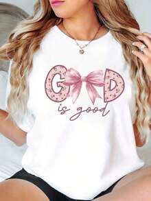 1 Piece Women's Faith-Inspired Casual T-Shirt, Round Neck, Short Sleeve, With Religious Design Of Cross, Flowers And Alphabet, Medium Elasticity Knit Fabric, Regular Length, Suitable For All Seasons, 180g 100% Cotton - 白色 - 查看 7