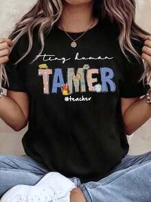 1 Piece Women's Crew Neck T-Shirt With "Tiny Human Tamer Teacher" Print, Short Sleeve, Casual Wear For School And Daily Life, 180g 100% Cotton - 黑色 - 查看 5