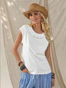 Camiseta de cuello redondo sólida, casual para el verano - Blanco - Ver 4