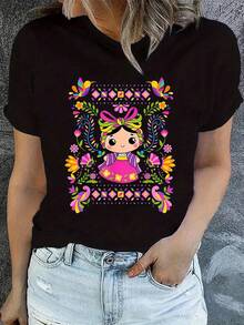 Camiseta de mujer, una camiseta casual para mujer, con un llamativo diseño de la Parca - mangas cortas, cuello redondo, material elástico, cómoda para todas las estaciones, adecuada para uso casual y diario. |   Top estampado vibrante |   Estilos cómodos de tops para mujer - Negro - Ver 7