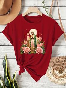 Women's T-Shirt - Vintage Mexican Style T-Shirt - Virgin Of Guadalupe And Pink Rose Print, Soft And Stretchy Crew Neck, Short Sleeve, Machine Washable, Suitable For All Seasons, Comfortable Activewear, Women's T-Shirts - 白色 - 查看 8