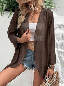 Chaqueta ligera y transparente de manga acampanada de unicolor casual de vacaciones EARO para primavera - Café integral - Ver 3