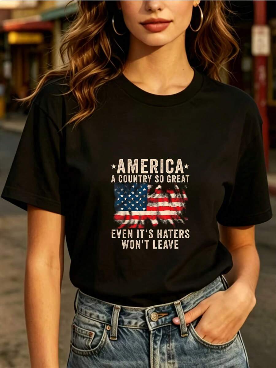 "AMERICA - Great Nation" 180g Patriotic Casual Style T-Shirt, Ideal For Family And Friends, Perfect For Independence Day Celebrations And Casual Everyday Wear. - 黑色 - 查看 1