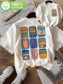 Camiseta de Mujer con Estampado Gráfico | Estilo Vintage con Estampados de Sardinas y Arenque, Cuello Redondo, Mangas Cortas para Primavera y Otoño - Blanco - Ver 7