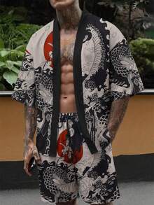 Men's Autumn Cartoon-Style Red Moon Dragon Print Happi Coat Set - Khaki - View 1