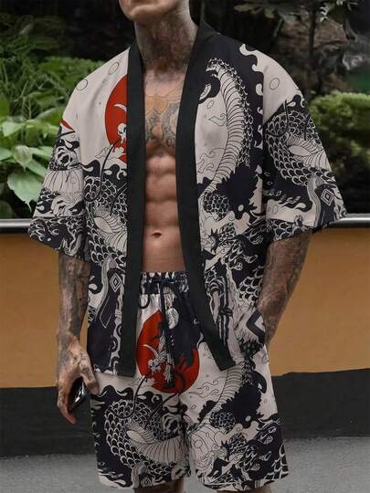 Men's Autumn Cartoon-Style Red Moon Dragon Print Happi Coat Set