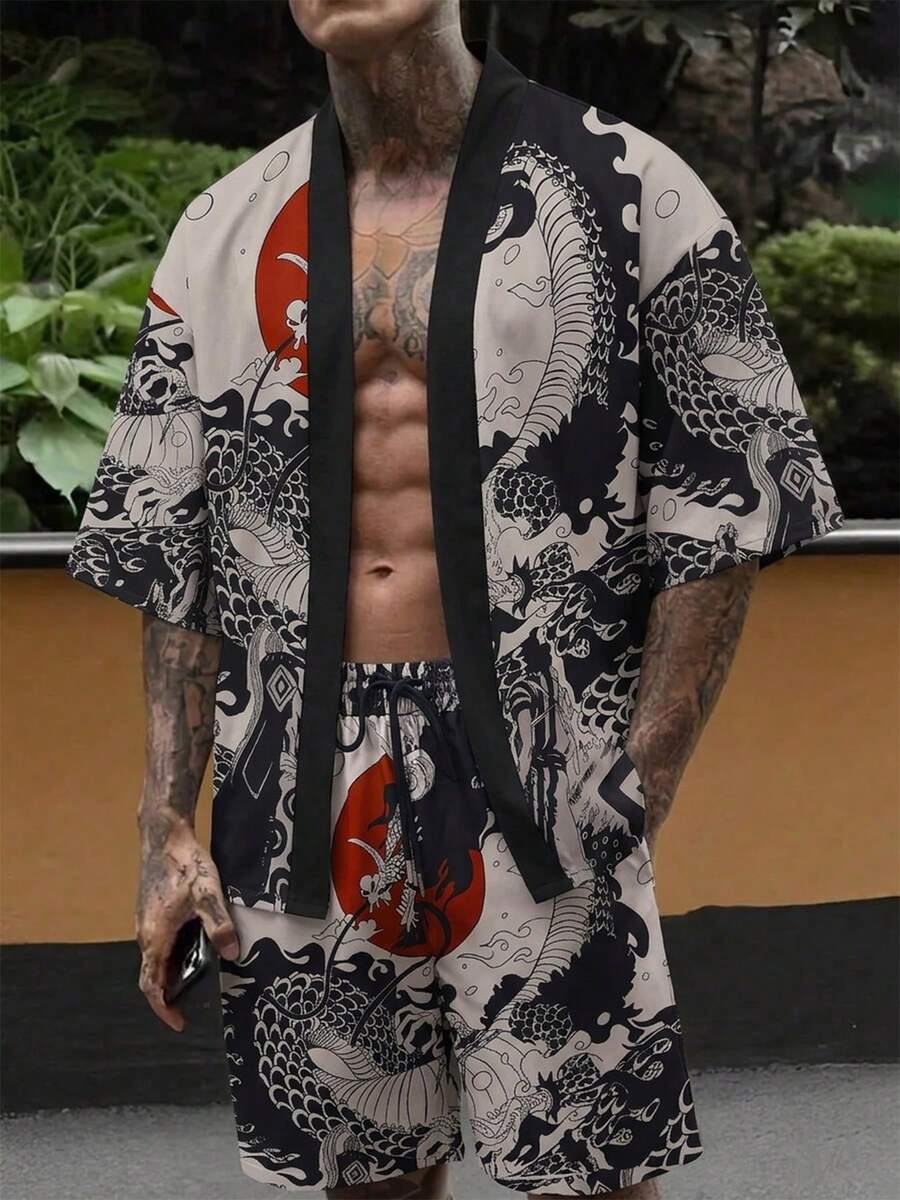Men's Autumn Cartoon-Style Red Moon Dragon Print Happi Coat Set - Khaki - View 1