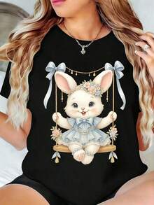 Women's Swing Bunny Print T-Shirt, Easter And St. Patrick's Day Design, Casual Summer Top With Floral Bow And Gold Chain Details - 黑色 - 查看 1