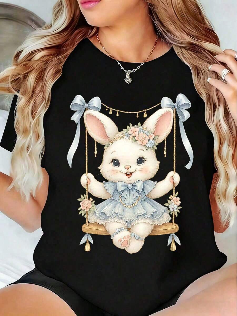 Women's Swing Bunny Print T-Shirt, Easter And St. Patrick's Day Design, Casual Summer Top With Floral Bow And Gold Chain Details - 黑色 - 查看 1
