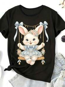 Women's Swing Bunny Print T-Shirt, Easter And St. Patrick's Day Design, Casual Summer Top With Floral Bow And Gold Chain Details - 黑色 - 查看 4