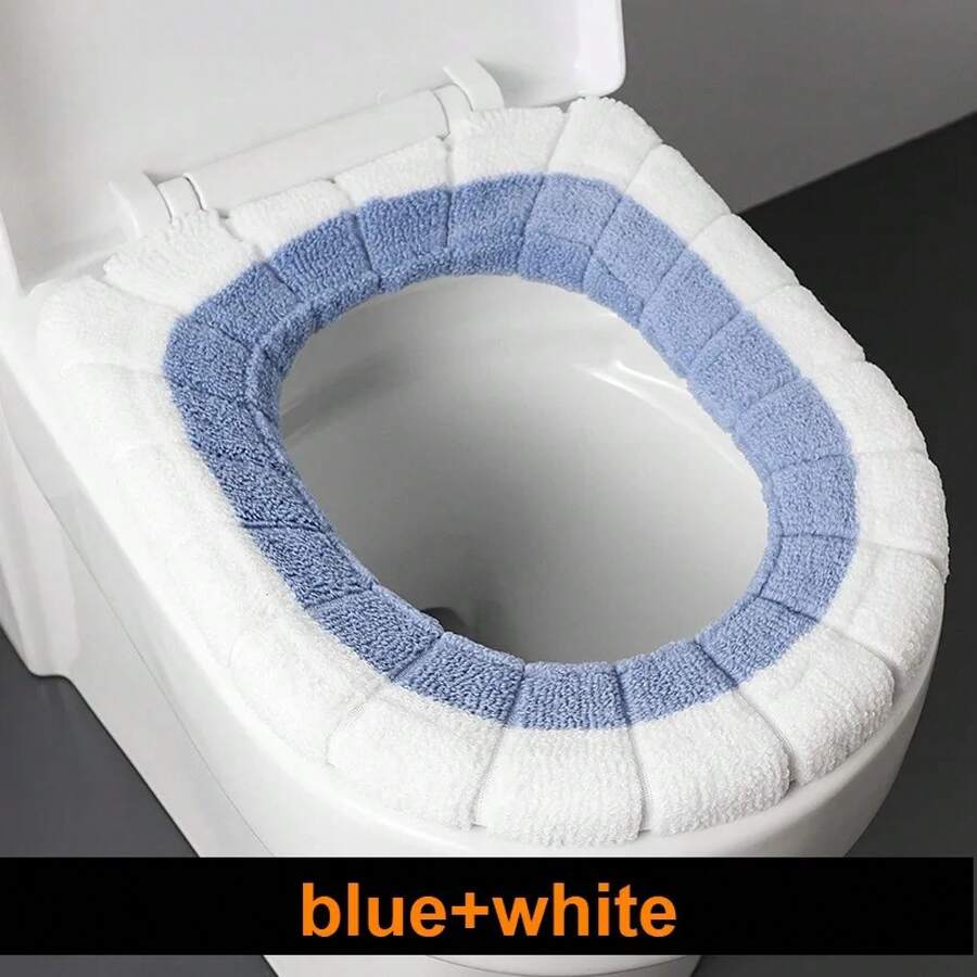 2856 Thick Plush O-Shaped Warm Toilet Seat Cushion, Universal Toilet Seat Cushion, Reusable Winter Toilet Seat Cushion, Toilet Seat Cover - 藍白色 - 查看 1
