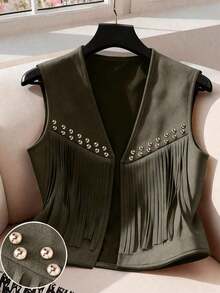 Chaqueta casual de mujer con flecos de gamuza, decoración de remaches, estilo bohemio, versátil para uso diario, vacaciones, trabajo, estilo francés elegante, sin mangas, beige, para principios de primavera/primavera y verano - Verde militar - Ver 5