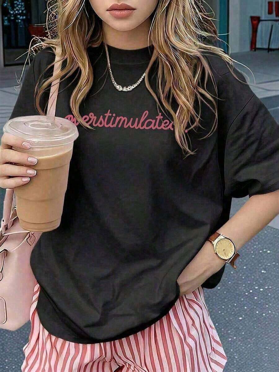 New Summer Fashion Collection, Women's Casual Short Sleeve Crew Neck T-Shirt - Printed, Soft And Comfortable Fabric, Machine Washable, White Summer Blouse, 180g 100% Cotton - Unisex Urban Vintage Style, Loose Fit Cotton Short Sleeve Crew Neck T-Shirt - 黑色 - 查看 1