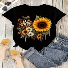 Sunflower Leopard Heart Graphic T-Shirt, 100% Cotton Oversized Soft Breathable Casual Crewneck Short Sleeve Top, Summer Vibes Aesthetic Tee For Women & Nature Lovers - 黑色 - 查看 5