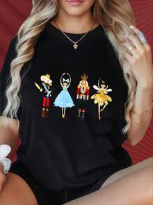 New Women's Short-Sleeved Crew Neck T-Shirt With A Fun Print Of Characters From The Ballet The Nutcracker. This Casual Yet Stylish Top Is Perfect For Holiday Parties, Sports Activities, Festive Gatherings, Outings, And Other Occasions. It Also Makes A Great Holiday Gift. 180 Grams. Unisex Vintage Street Style T-Shirt With A Relaxed Fit, Made Of Pure Cotton, Short Sleeves, And A Crew Neck. - 黑色 - 查看 1
