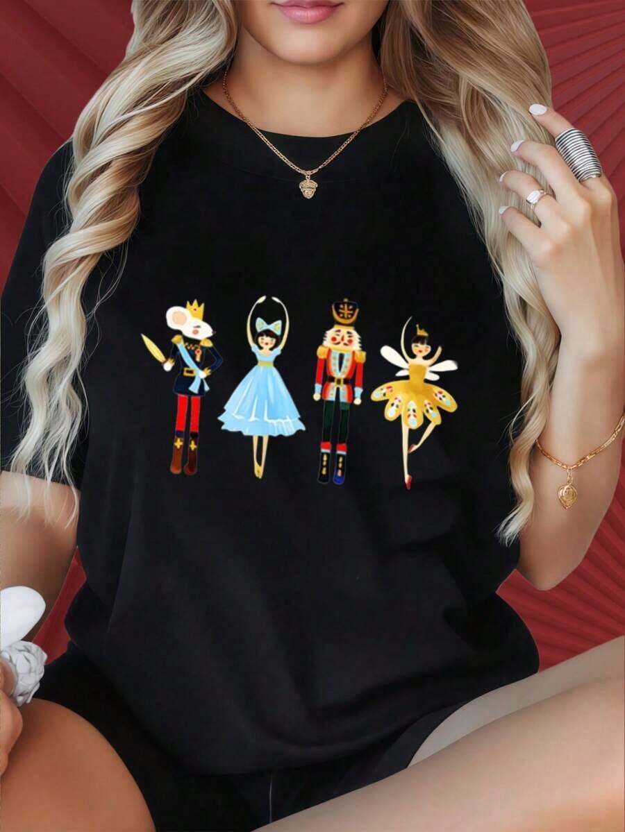 New Women's Short-Sleeved Crew Neck T-Shirt With A Fun Print Of Characters From The Ballet The Nutcracker. This Casual Yet Stylish Top Is Perfect For Holiday Parties, Sports Activities, Festive Gatherings, Outings, And Other Occasions. It Also Makes A Great Holiday Gift. 180 Grams. Unisex Vintage Street Style T-Shirt With A Relaxed Fit, Made Of Pure Cotton, Short Sleeves, And A Crew Neck. - 黑色 - 查看 1