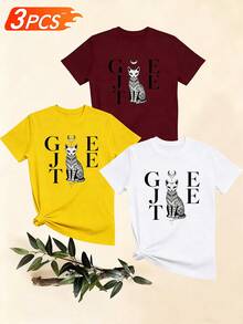 Women's T-Shirts, Women's T-Shirts, Casual One-Piece T-Shirt With Round Neck And Cat Print, Fashionable Top, Comfortable And Breathable, Short Sleeve, Custom Print, Women's Clothing A. - 1件白色隨機圖案 - 查看 6