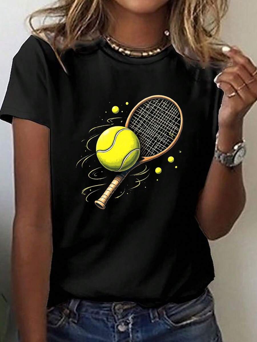 Camiseta casual de manga corta y cuello redondo con un diseño dinámico de raqueta y raqueta de tenis, perfecta para primavera y verano, diseñada para mujer - Negro - View 1