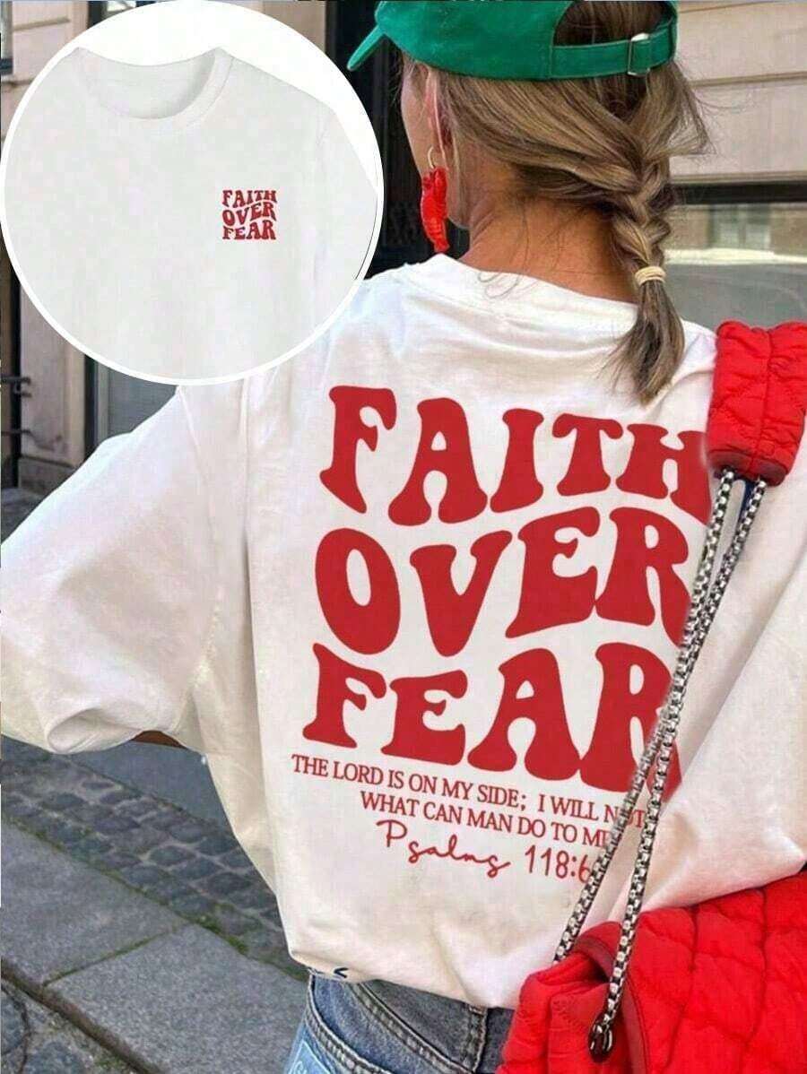 "Faith Over Fear" Double Print T-Shirt - Short-Sleeve Crew Neck Pure Cotton T-Shirt, Holiday Style, A Daily Essential. Holiday Outfits, Simple Retro Street Style Top. Everyday Campus Wear For Men And Women - Comfortable Loose Fit Cotton Vintage Street Style T-Shirt - 白色 3 - 查看 1