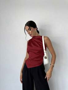 Camisa beige sin mangas con cuello con volantes y bajo curvo, una prenda esencial para la oficina y el tránsito diario para mujeres - Burdeos - Ver 5