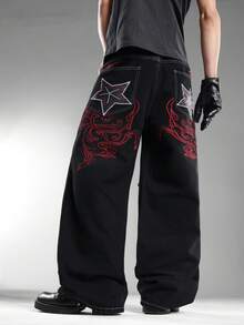 Men's Y2K Vintage Streetwear Jeans, Loose Wide Leg, Ripped Design, Back Pocket Embroidery, Fashion & Comfortable (Belt And Accessories Not Included) - Black - View 4