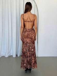 Vestido casual largo para mujer, estampado de leopardo con tirantes de moda sencilla, para uso diario - Multicolor - Ver 2