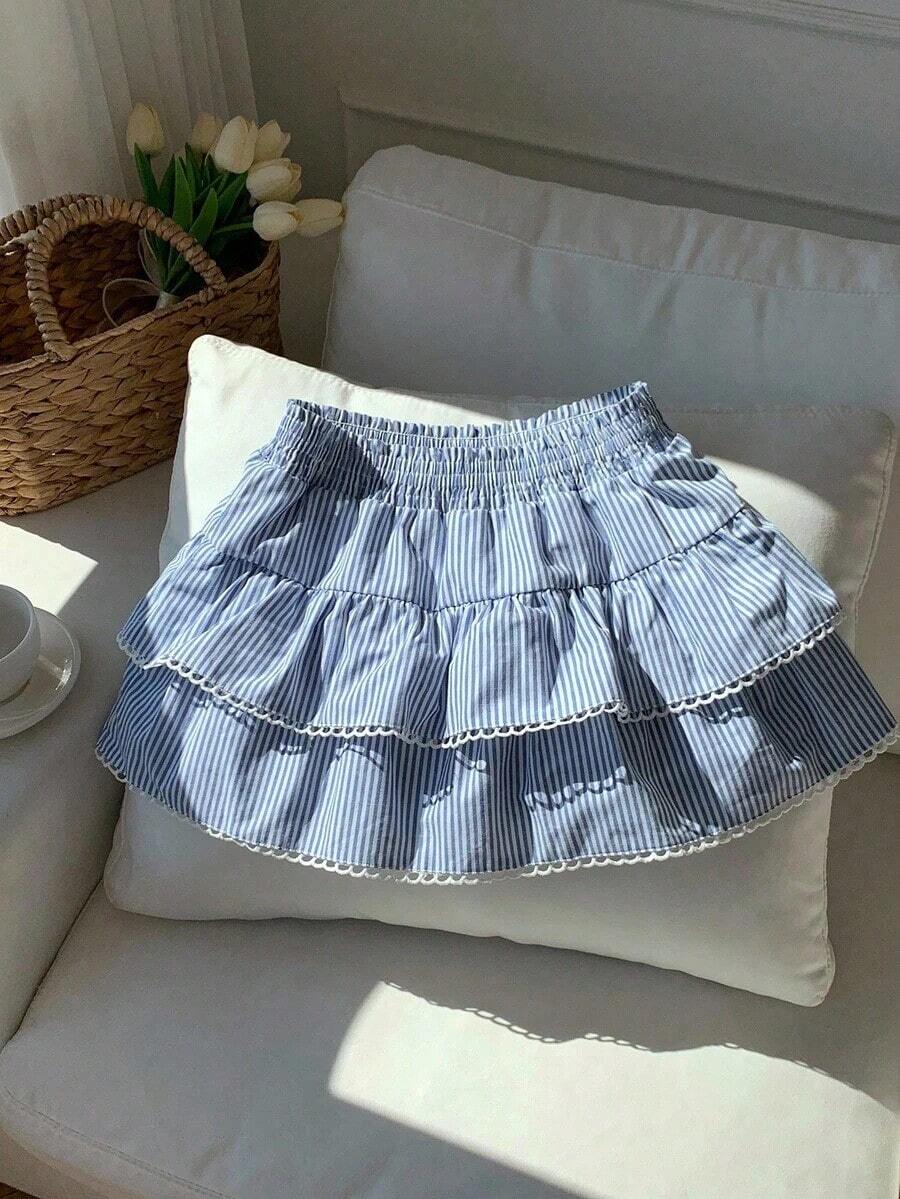 Falda para mujer, de tela tejida a rayas con cintura elástica y dobladillo con volantes, adecuada para festivales de música country - Multicolor - Ver 1