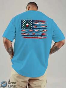 American Flag And Fish Print Short-Sleeve T-Shirt Featuring A Design That Combines The American Flag With Fishing Elements. Suitable For Outdoor Fishi - 藍色 - 查看 4