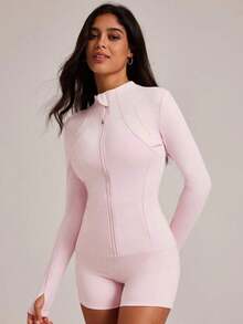 Chaqueta de manga larga para mujer con agujeros para el pulgar, 2 bolsillos, parte superior deportiva para correr y hacer ejercicio, color negro, primavera - Rosa Pálido - Ver 5