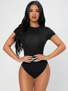 Body ajustado de mujer casual de corte slim en color liso - Negro - Ver 7