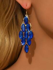1 par de hermosos aretes de hoja con brillantes de strass para mujer, aretes elegantes y de moda para fiestas, adecuados como regalo - Oro y azul - Ver 5