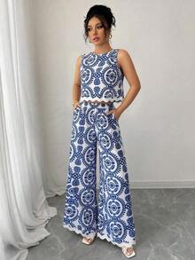 Conjunto de 2 piezas de mujer con tirantes de punto ondulado de color contrastante, adecuado para citas, uso diario, oficina, viajes, casual, vacaciones - Azul - Ver 5
