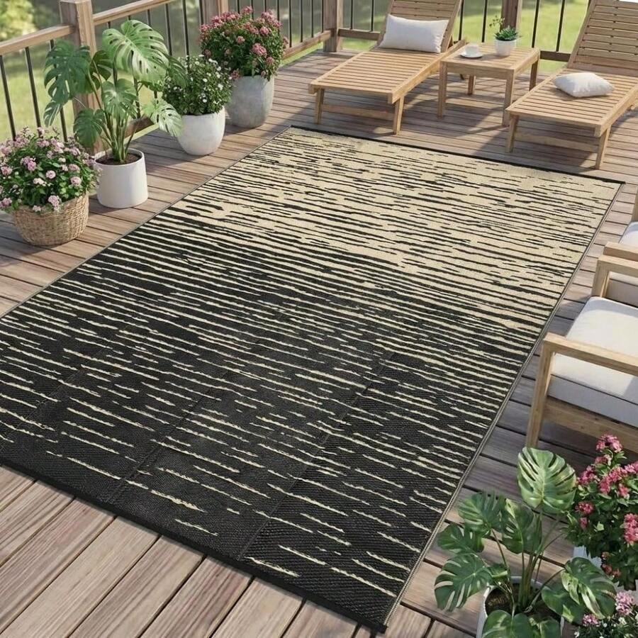 Waterproof Outdoor Rug, Reversible Plastic Straw Patio Rug With Non-Slip Backing, Modern Abstract Camping Carpet For RV, Backyard, Deck, Balcony & Patio, Foldable & UV Resistant - A - View 1