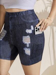 Pantalones cortos deportivos de cintura alta básicos y casuales para mujer de talla grande en color negro, con bolsillo, adecuados para entrenamiento de verano y ropa deportiva - Azul - Ver 8