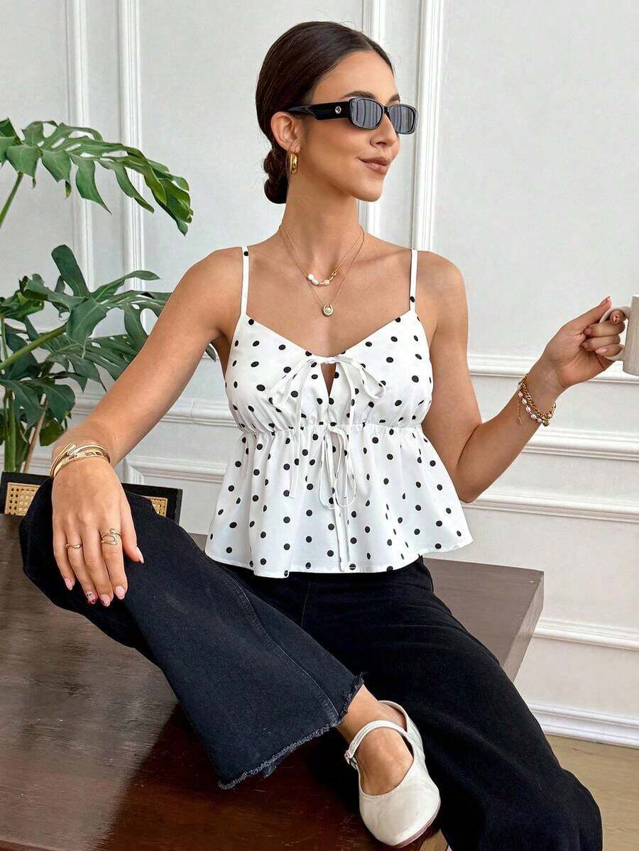 Camiseta de tirantes casual con estampado de lunares para mujer - Blanco y Negro - Ver 1