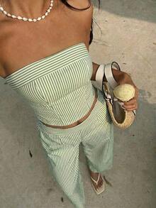Conjunto de top bandeau a rayas amarillas y pantalones de cintura alta para mujer, ajustado, de moda y versátil para la calle, vacaciones, primavera/verano - Verde militar - Ver 7