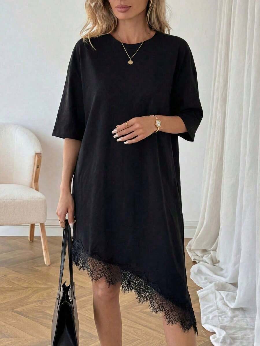 Vestido de talla media de manga corta con bajo asimétrico, de uso diario, de vacaciones y casual, de unicolor con parches de encaje, de moda básica para mujeres - Negro 2 - Ver 1