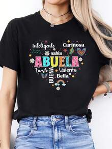 Spring-Summer Casual T-Shirt With Spanish Letter Print, Short-Sleeved Sports T-Shirt With Round Neck, Women's Top, A Very Distinctive Printed T-Shirt / Unisex Style / Suitable For Both Men And Women / Wrinkle Resistant / Breathable. - 黑色 - 查看 12