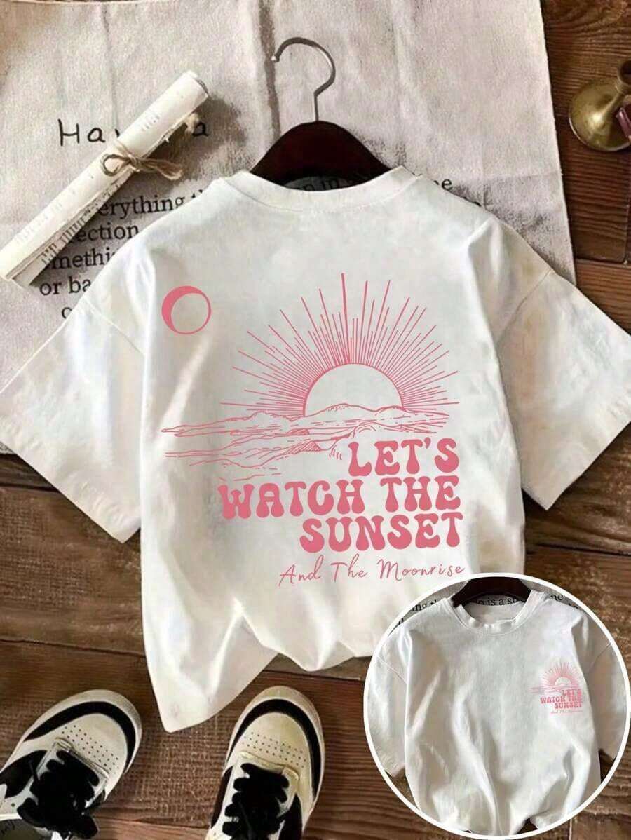 Camisetas manga corta mujer crew neck T-shirt Camiseta de patrón geométrico para mujeres con gráfico de atardecer, sudadera casual de verano con cuello redondo y mangas cortas para mujeres - Blanco - Ver 1